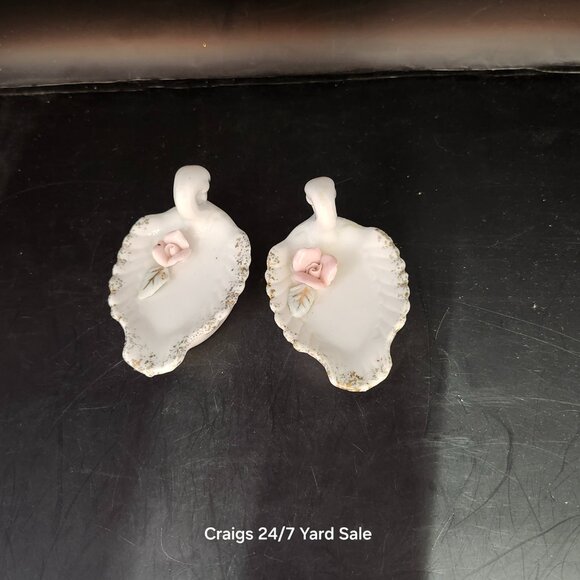 Pair Swan Porcelain Salt Cellars Roses Japan Mid Century MCM Vintage - Picture 3 of 8